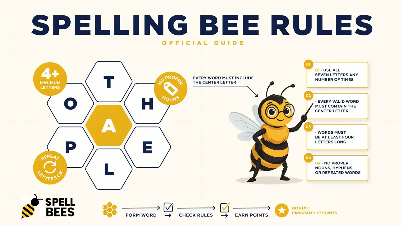 Official spelling bee rules guide showing competition structure, NYT puzzle rules, and scoring systems